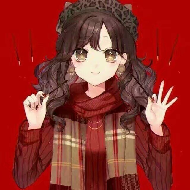 二次元少女褐色卷发褐瞳头像红色系