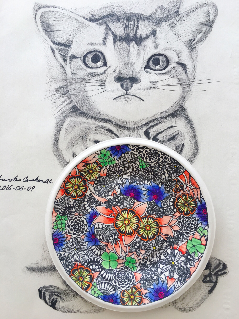纸盘画花线描画缠绕画