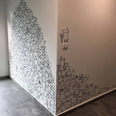 黑白 线描 版画 猫咪 装饰 壁画 壁纸 风景 卡通