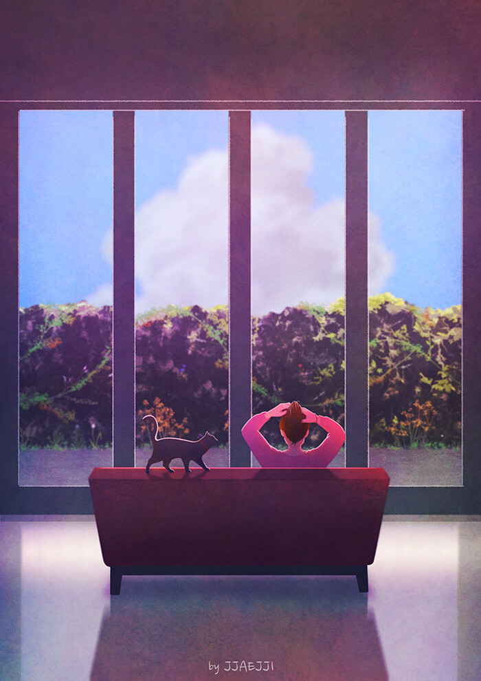 一人一猫,宁静相伴,温馨唯美的画面 ~ 插画jjaejji