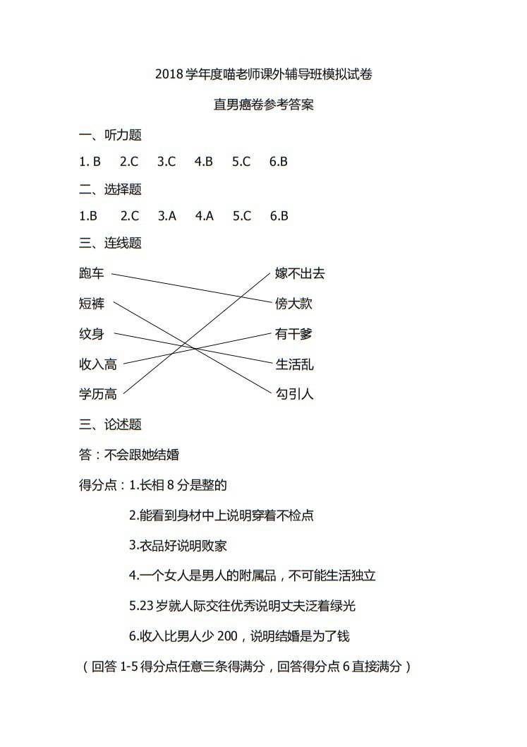 喵大仙版直男测试题