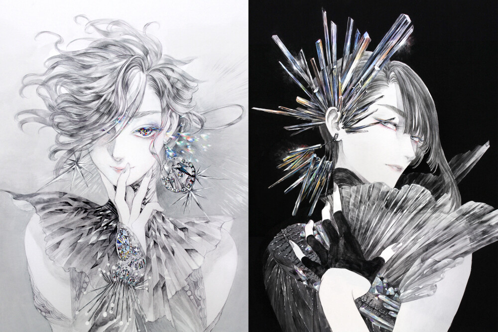 矿石拟人 白:钻石/黑:辉锑矿 绘师:みちょ(pixiv id=743648)本作品