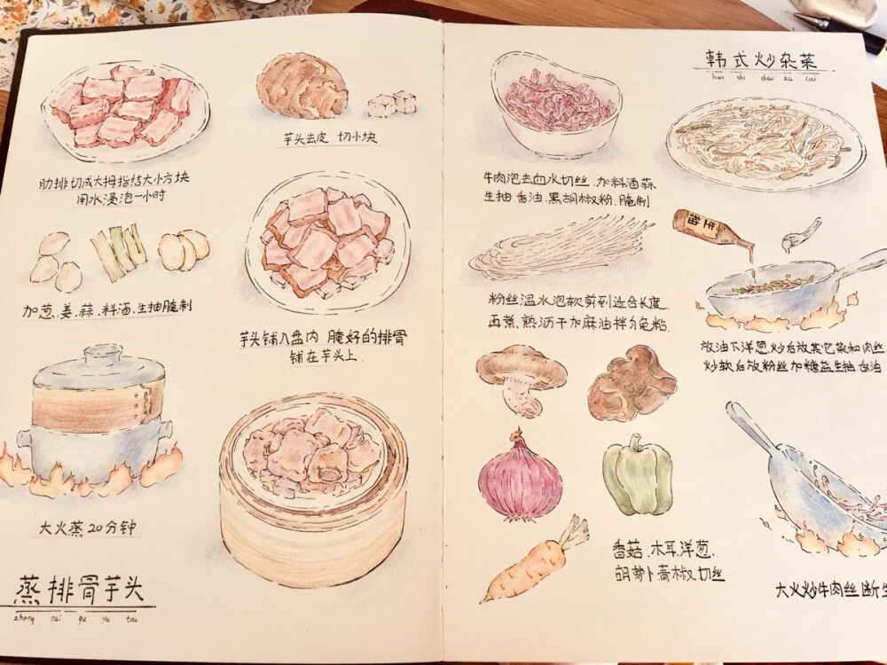 手绘彩铅食谱—蒸排骨芋头 韩式炒杂菜