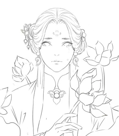 复杂古风插画线稿