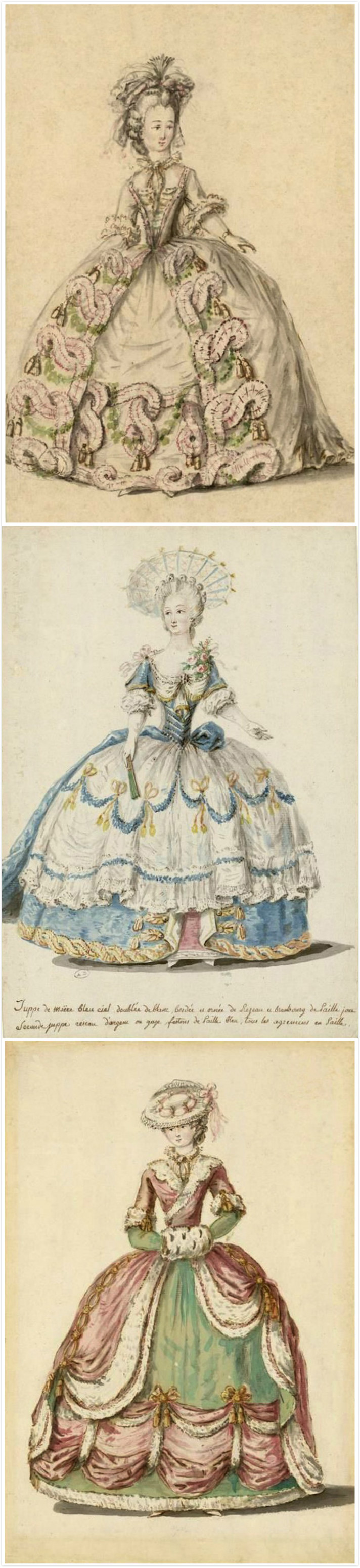 古董时装画,1770~80年代的法国宫廷女装.