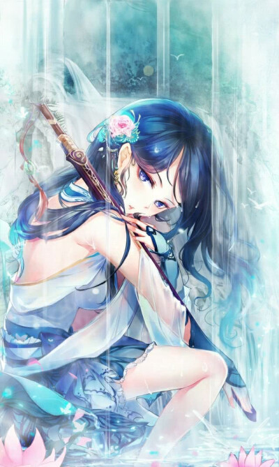 二次元 少女 蓝发 蓝瞳 蓝色系 唯美 剑