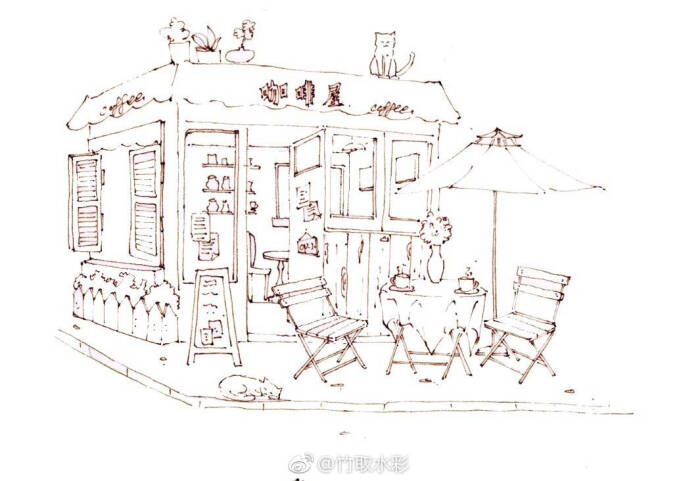 钢笔淡彩# 一波猫与店铺系列原创线稿～ (作者: 竹取水彩 )