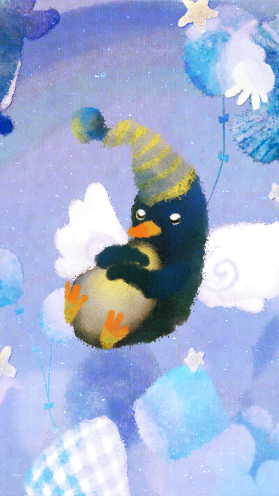 炎炎夏日,送你一只超级可爱的小企鹅啊～蓝色沁凉消暑壁纸