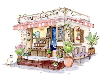 钢笔淡彩##水彩插画# 猫与杂货铺系列