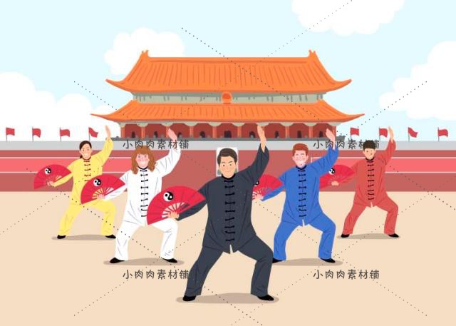 卡通中国春节年夜团圆饭爬长城火锅插画ai矢量设计素材ai361