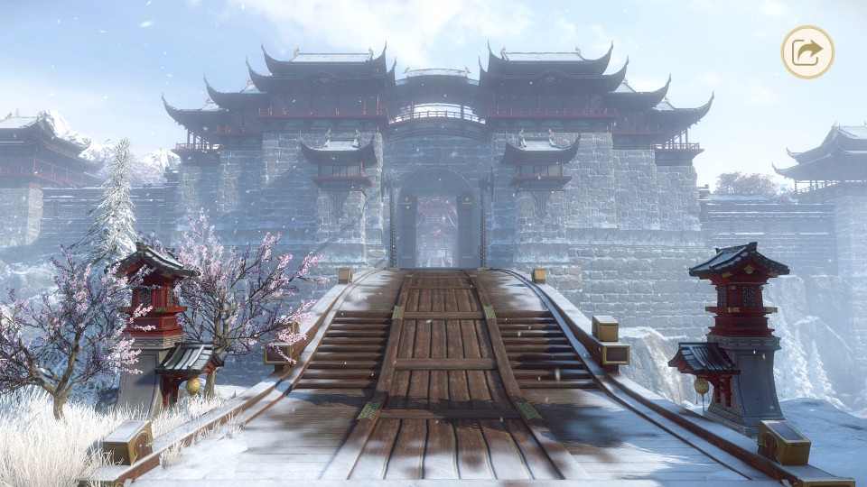 雪落原毁诺城城门巍峨气势逼人走在桥上不免小心翼翼生怕失足跌落