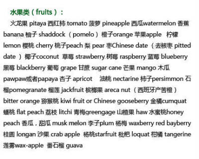 主食类,干果类,酒水类,零食类,饭类,面类,汤类,中西餐等的常用英语