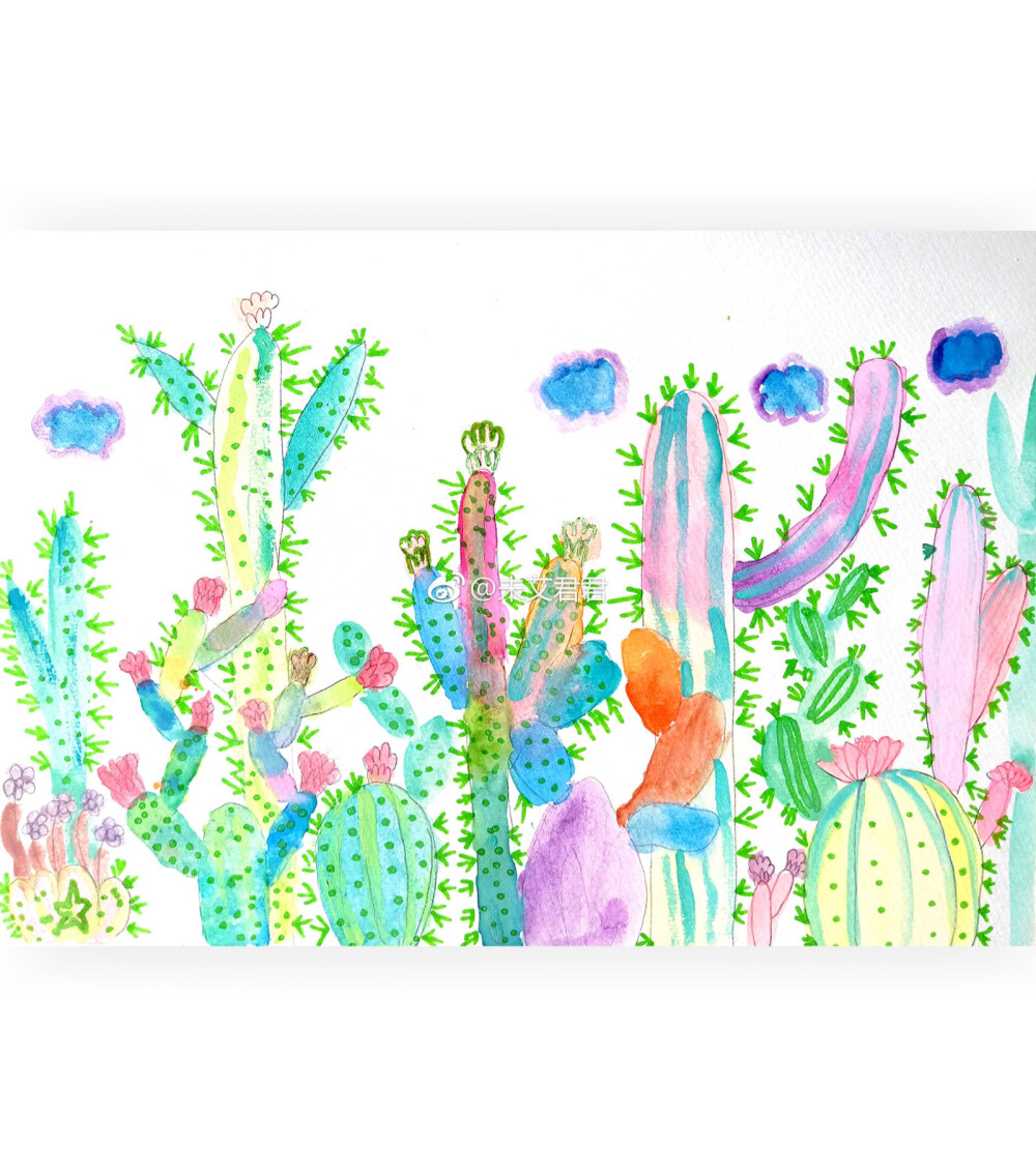 固体水彩.仙人掌.创意儿童画