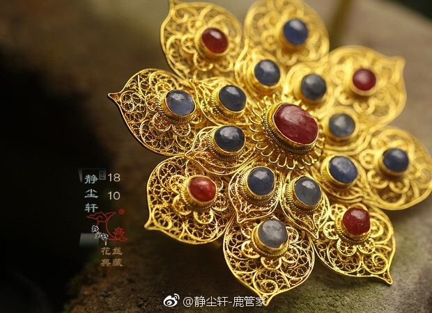 [静尘轩]银鎏金顶簪花丝镶嵌老红蓝宝石簪子发簪-挑心