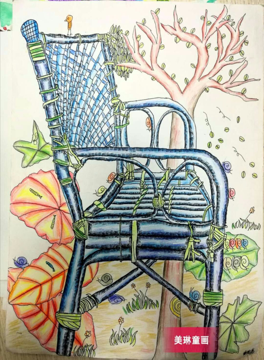 线描 儿童画 创意 装饰画 油画棒 水粉 水彩笔 彩色 黑白 动物 鸟