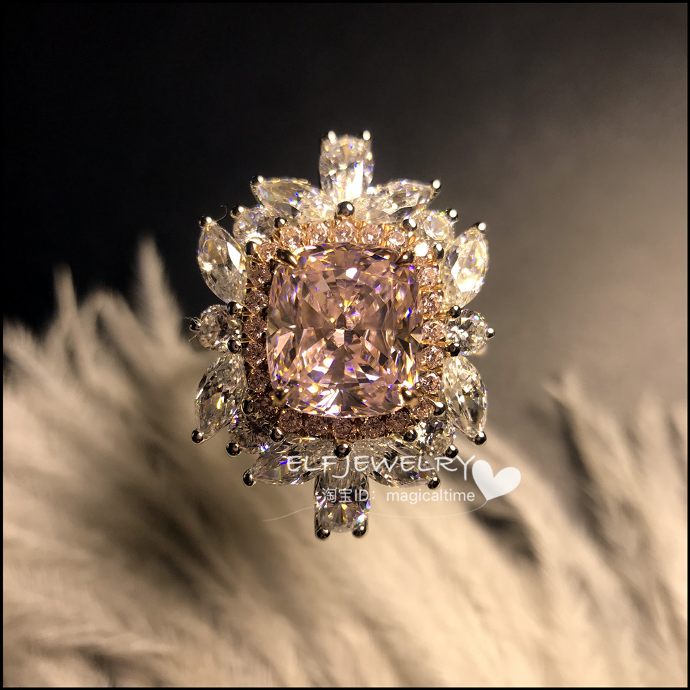 定制 高级银镶定制3克拉浅粉垫枕形粉钻豪镶钻戒指