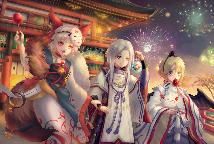 阴阳师 白藏主 少年晴明 少羽天狗 绘师:大尾鱼(p id=8263846) 本作品