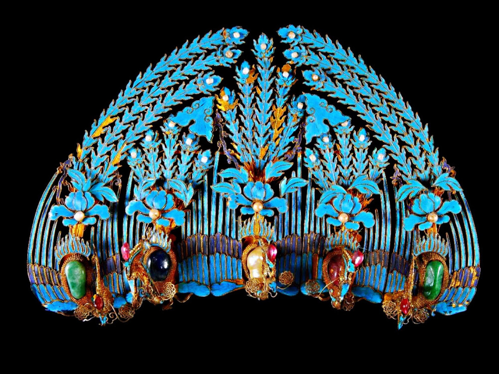 清银镀金镶珠宝五凤纹钿尾