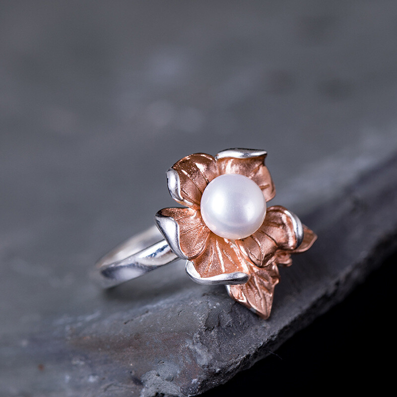 中国风s925纯银花朵叶子戒指环女唯美复古风天然珍珠手饰品玫瑰金