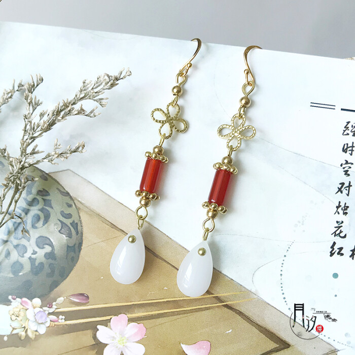 定制 月汐楼古风手工耳环玛瑙水滴古装汉服耳坠配饰925银钩古典耳夹r