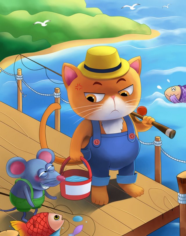 小猫钓鱼儿童画插画