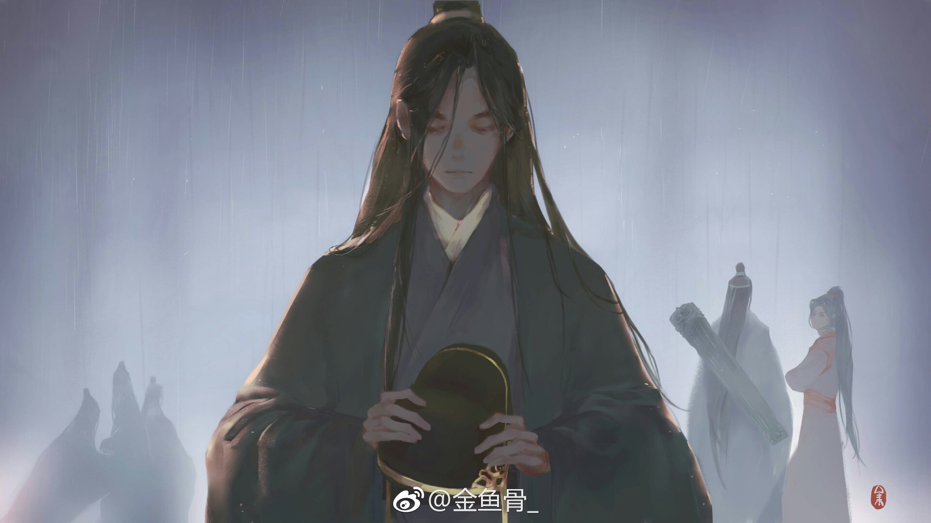 手绘古风黑衣人物画师见水印