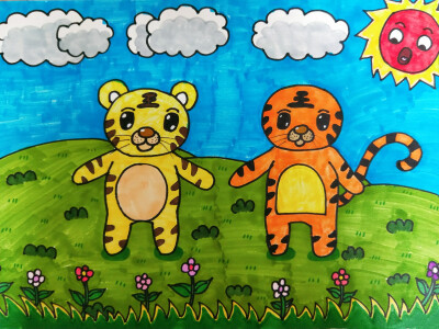 两只老虎儿歌儿童画图片