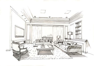 中式客厅手绘线稿图片