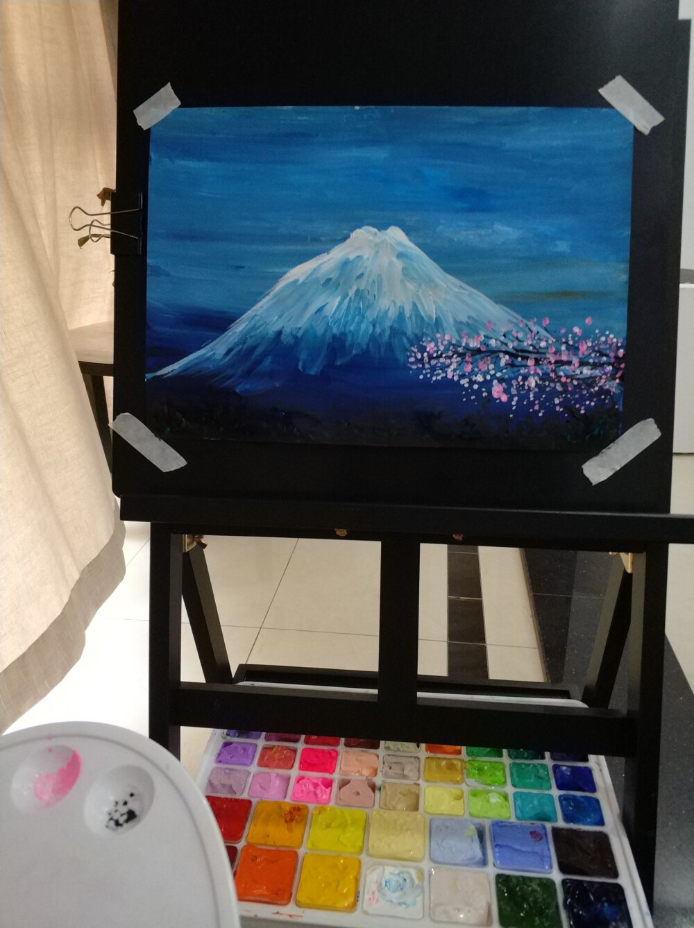 水粉富士山樱花