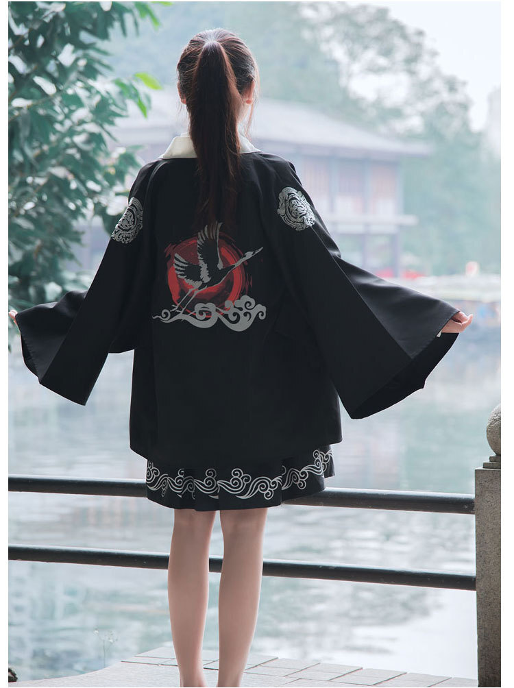 日系和风印花仙鹤浴衣羽织外套连衣裙两件套装女开衫日常汉元素