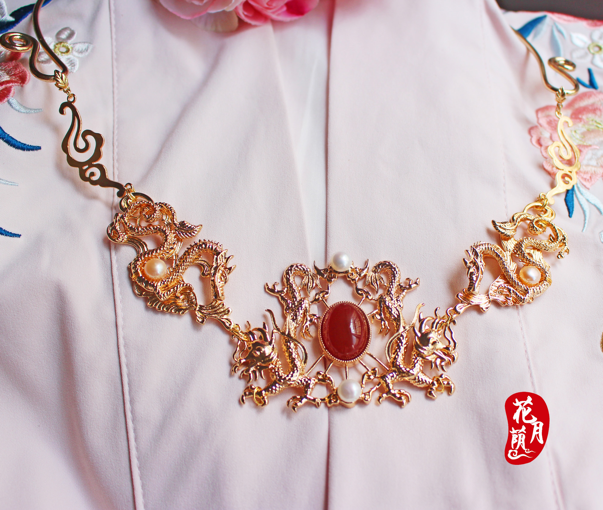 禧龙】游龙唐风红玛瑙珍珠璎珞项圈无流苏版