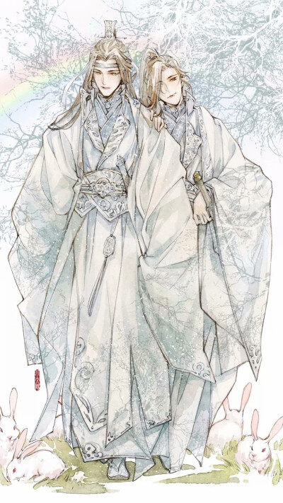 魔道祖师 魏无羡 魏婴 wifi 蓝忘机 蓝湛 汪叽 墨香铜臭 壁纸 手绘