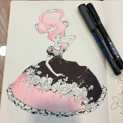 水彩 针管笔 手绘 人物细腻意境精致唯美笔记本上的绘画日本女孩:ik