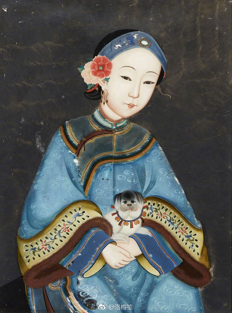 晚清时代的一张玻璃油画,看服装是1870s之间的,画一个女子身穿带着