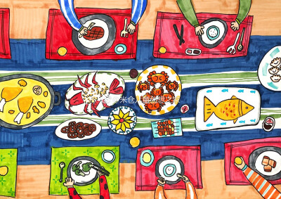 春节的餐桌绘画图片