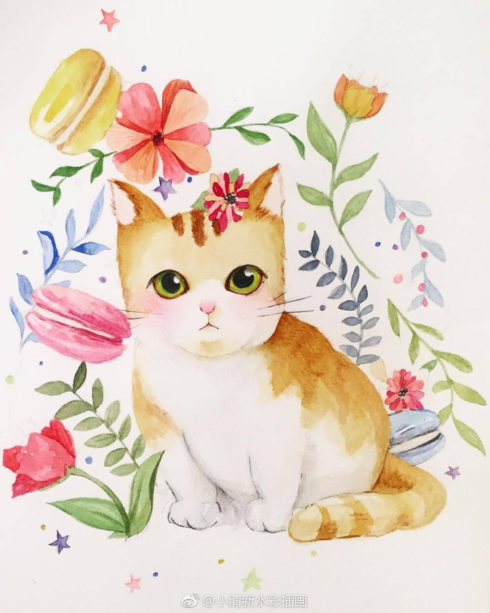 水彩插画~一组可爱的喵喵~~ins:foodiecherrypie