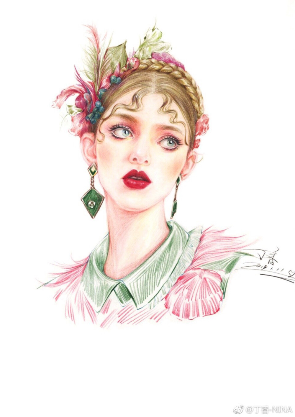 服装效果图头部细节刻画 彩铅 画师:丁香