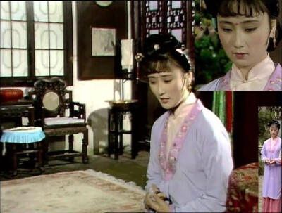 【87版红楼梦】——(香菱)浅雪青缎镶丁香色底彩绣荷花领对襟褙子