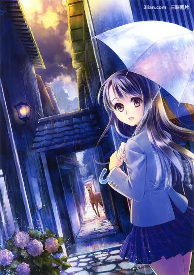 二次元雨中撑伞男