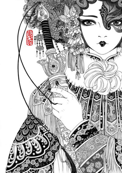 京剧花旦手绘黑白图片
