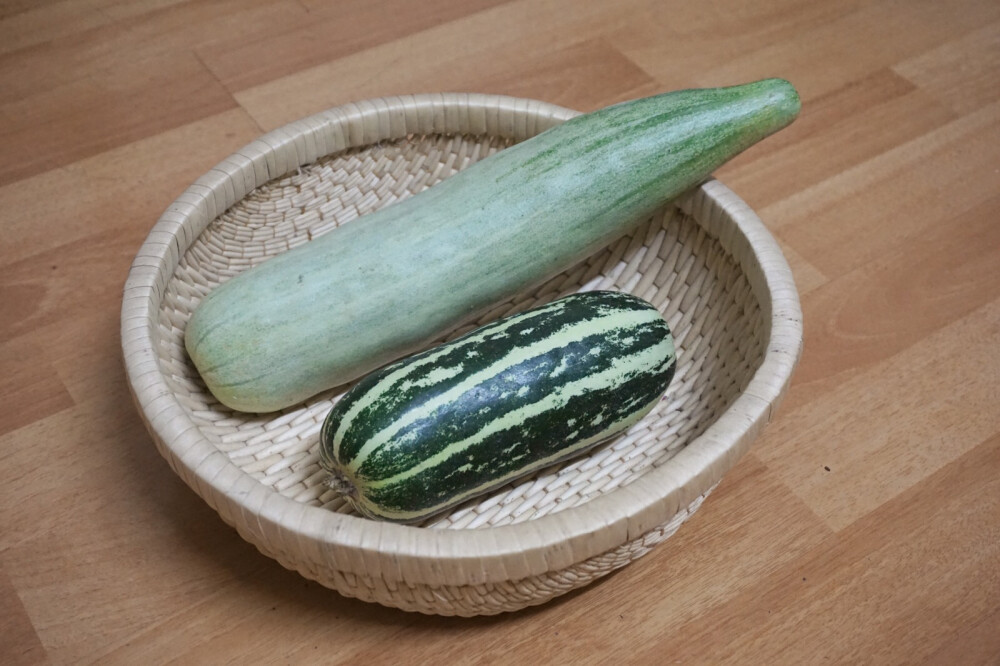 今天买了两个瓜,一个像黄瓜,一个像南瓜,但都是甜瓜