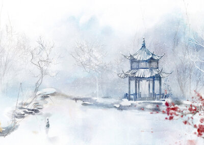 古风插画.【亭台楼阁】雪景来自微博:不过灯花瘦