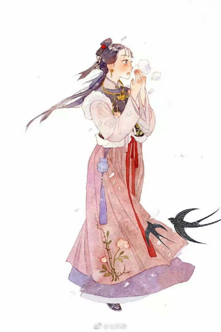 "一组古风水彩人物插画.古风少女汉服系列,愿梦回长安,再赏华夏衣装.