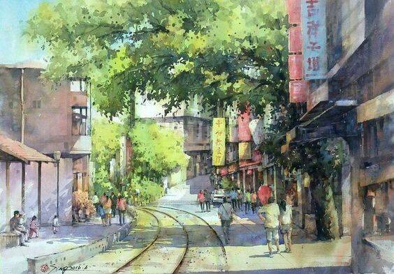 城市水彩画作 (作者: 画家郭金升)