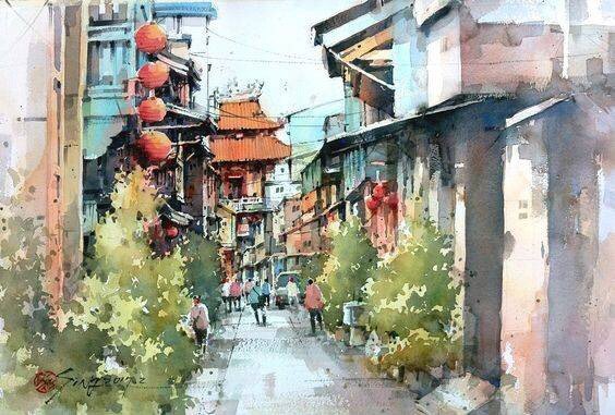 城市水彩画作 (作者: 画家郭金升)