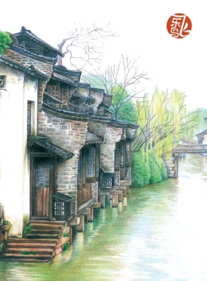 江南风景画彩铅图片