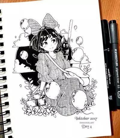 黑白动漫线描作品来自国外的插画师