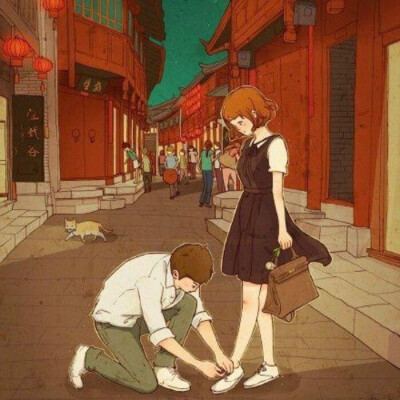 情侣 场景 温馨 唯美 系鞋带 暖色系 红色系