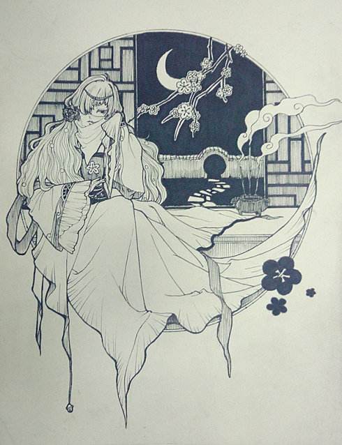 黑白装饰画线描人物