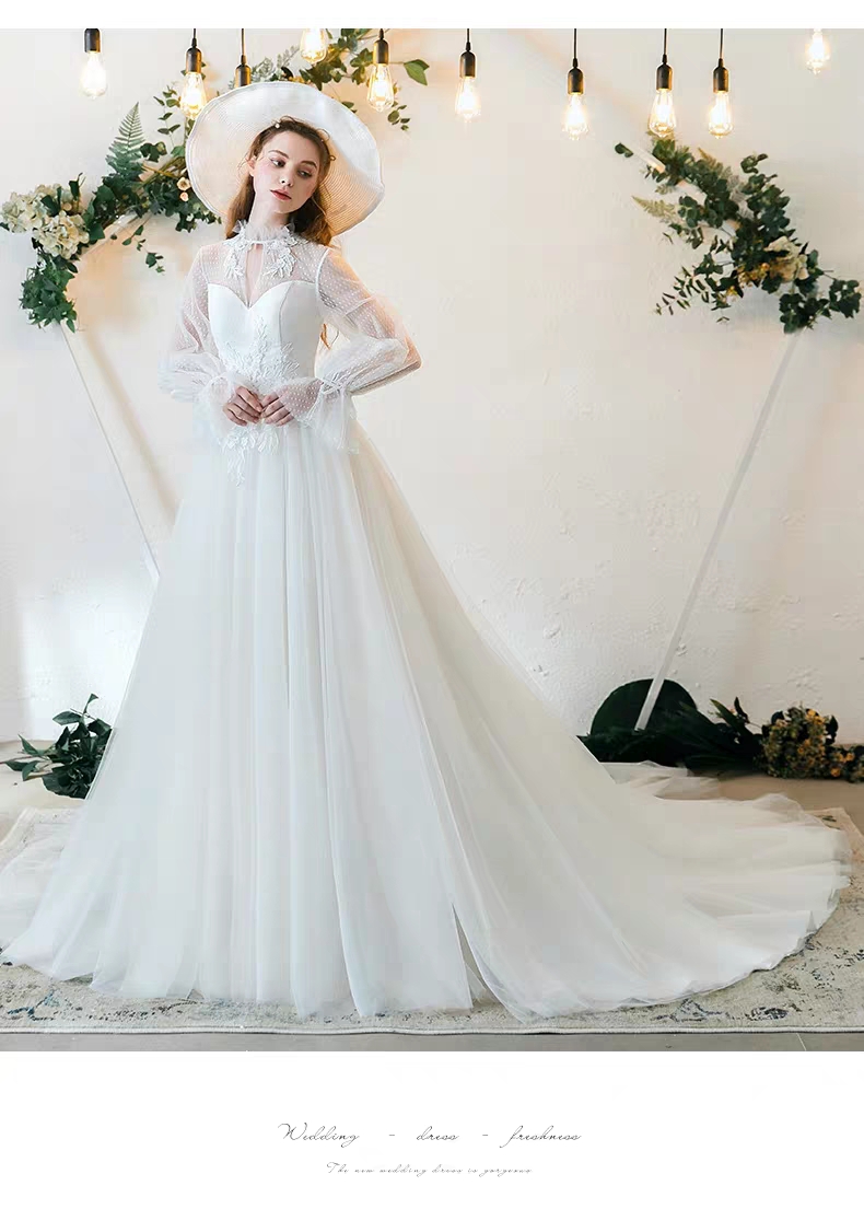 法式森系婚纱2019简约显瘦长袖式白色主纱